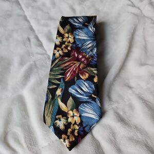 Andre' Valetino 100% Silk  Floral Hawaiian Blue, Maroon, Grey, Gold Necktie